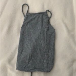 Gray high neck top top with criss cross in back